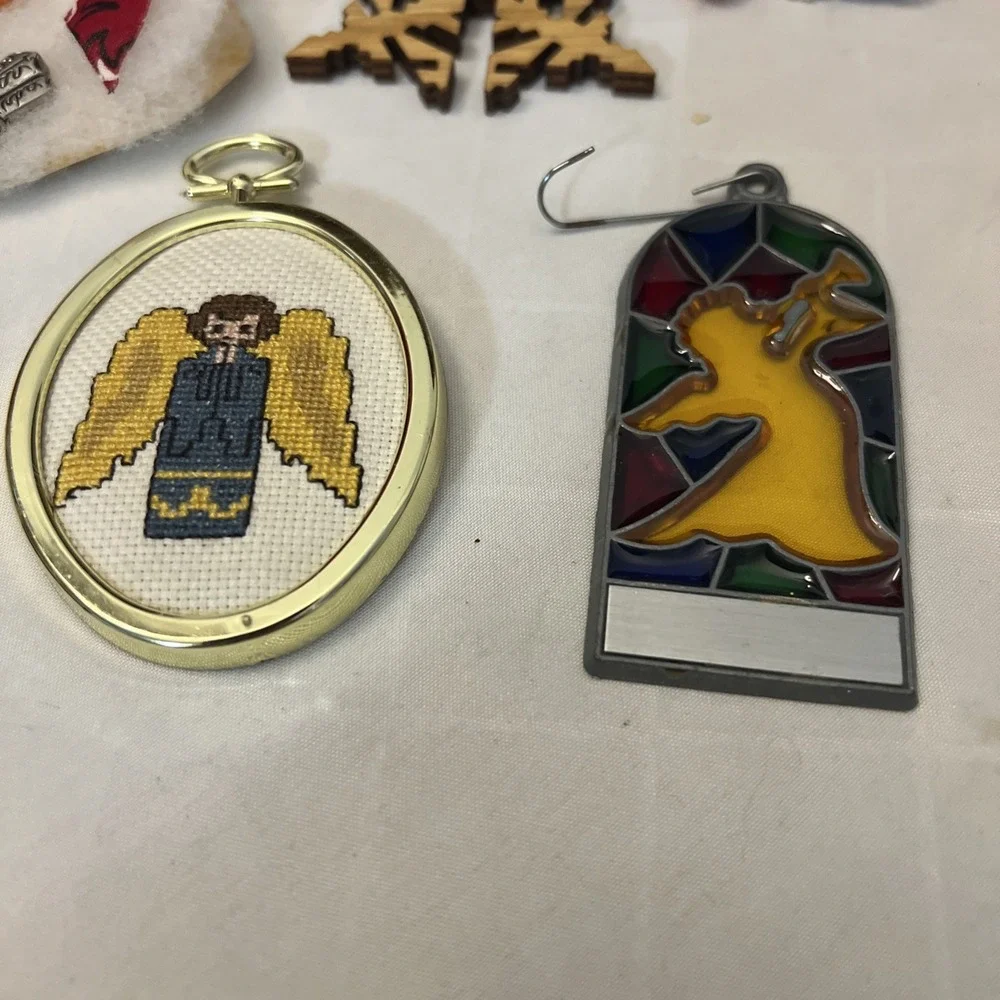 VTG Handmade Christmas Ornaments Bells Stained Glass Cross-stitched Angel Lot 12
